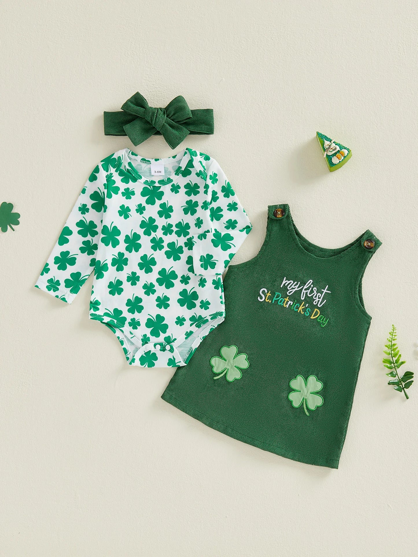 Baby Girls 3Pcs Spring Outfit My First St. Patrick's Day Long Sleeve Romper Shamrock Overall Dress Headband Set