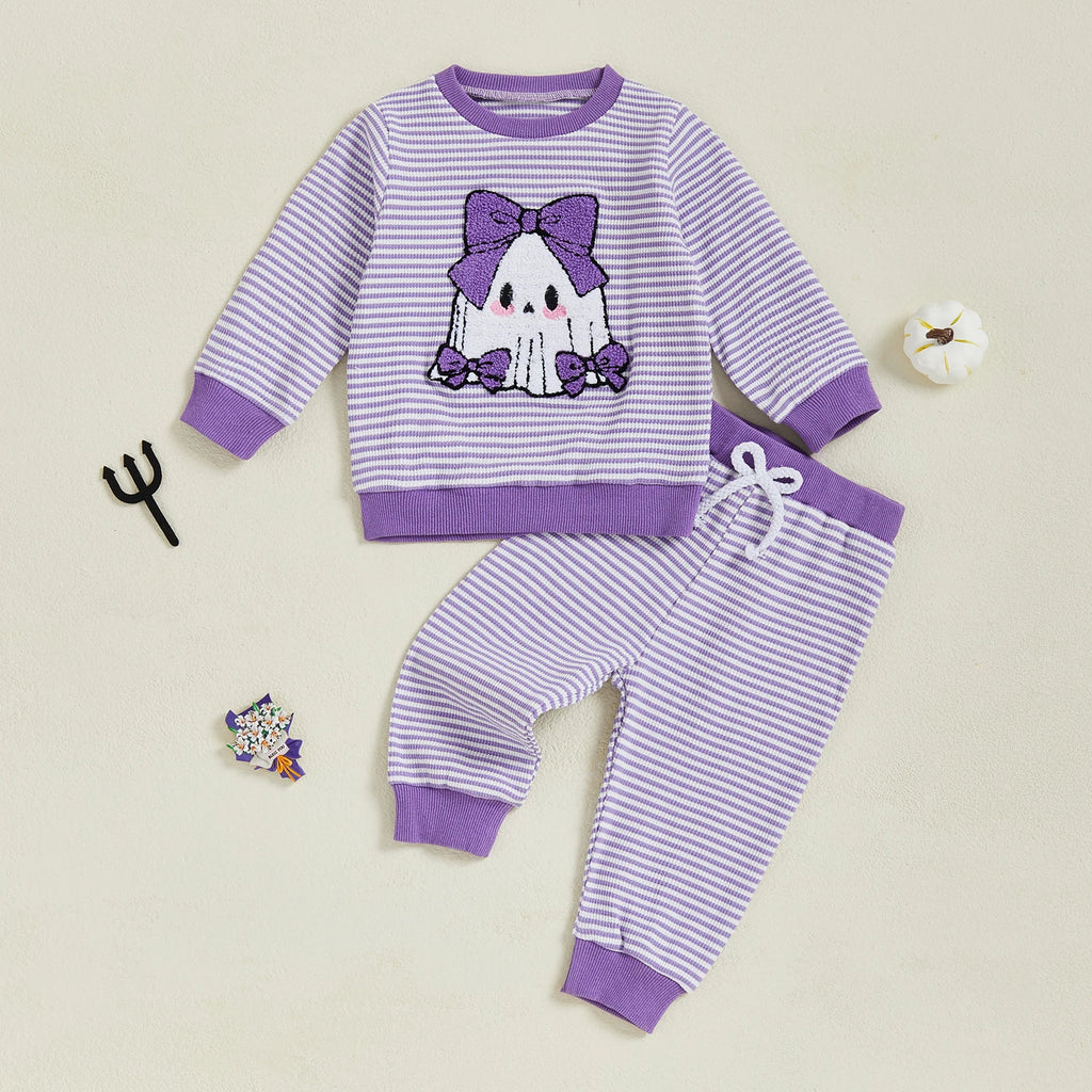 Baby Toddler Girls 2Pcs Pants Set Embroidery Ghost Long Sleeve Top with Striped Jogger Pants Halloween Clothes