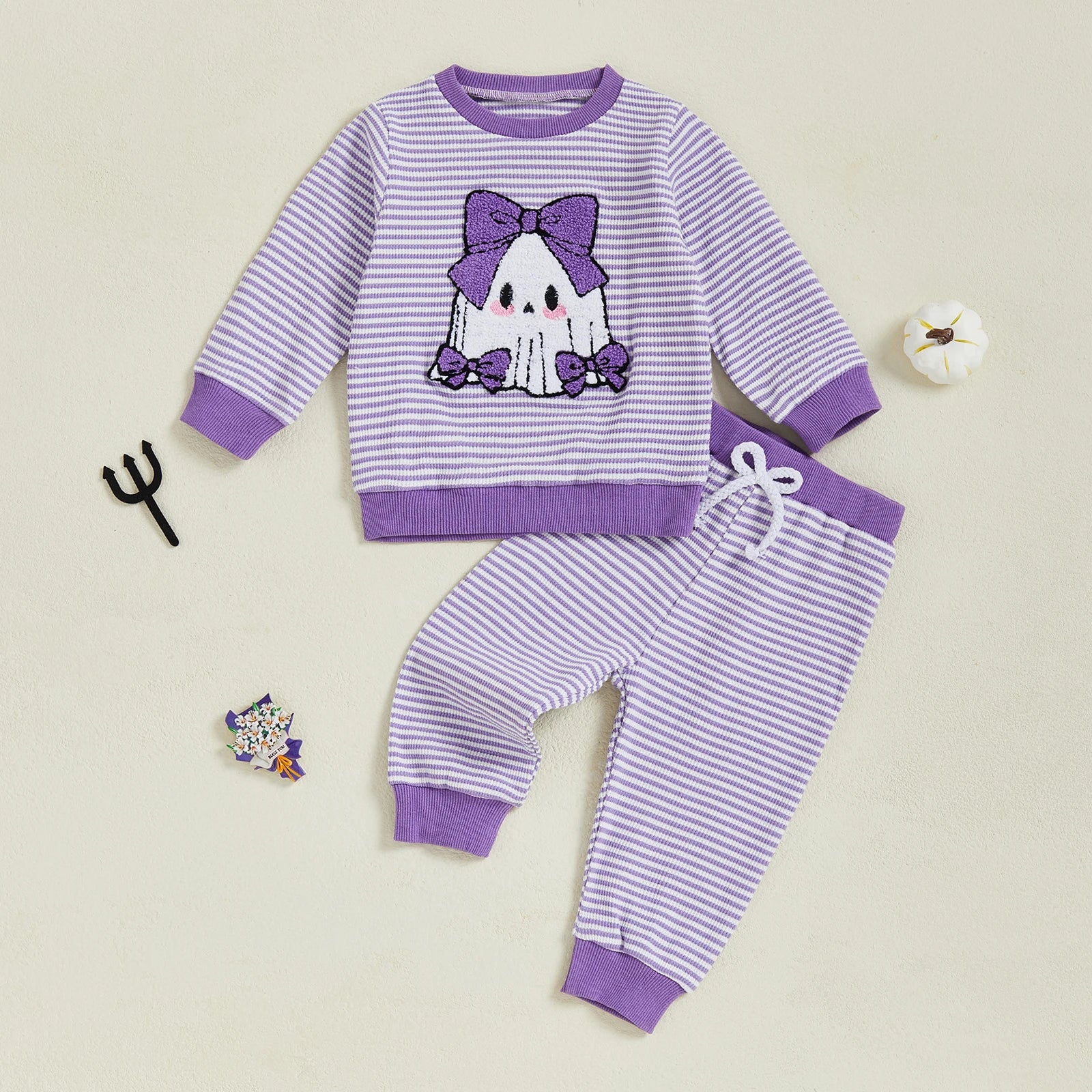 Baby Toddler Girls 2Pcs Pants Set Embroidery Ghost Long Sleeve Top with Striped Jogger Pants Halloween Clothes