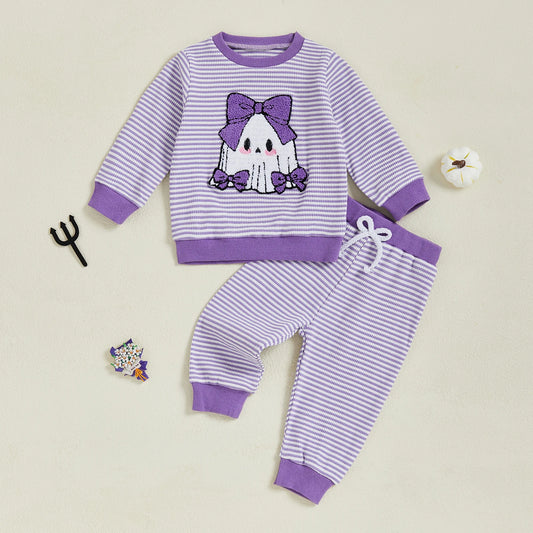 Baby Toddler Girls 2Pcs Pants Set Embroidery Ghost Long Sleeve Top with Striped Jogger Pants Halloween Clothes