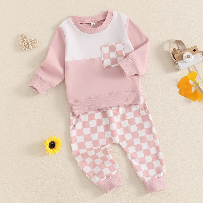 Baby Toddler Boys Girls 2Pcs Outfit Checker Print Long Sleeve Top and Elastic Pants Fall Set