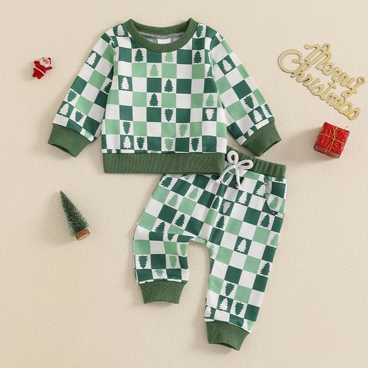 Baby Toddler Boys 2Pcs Christmas Outfit Christmas Tree Checkered Print Long Sleeve Crewneck Top and Long Pant Jogger Set