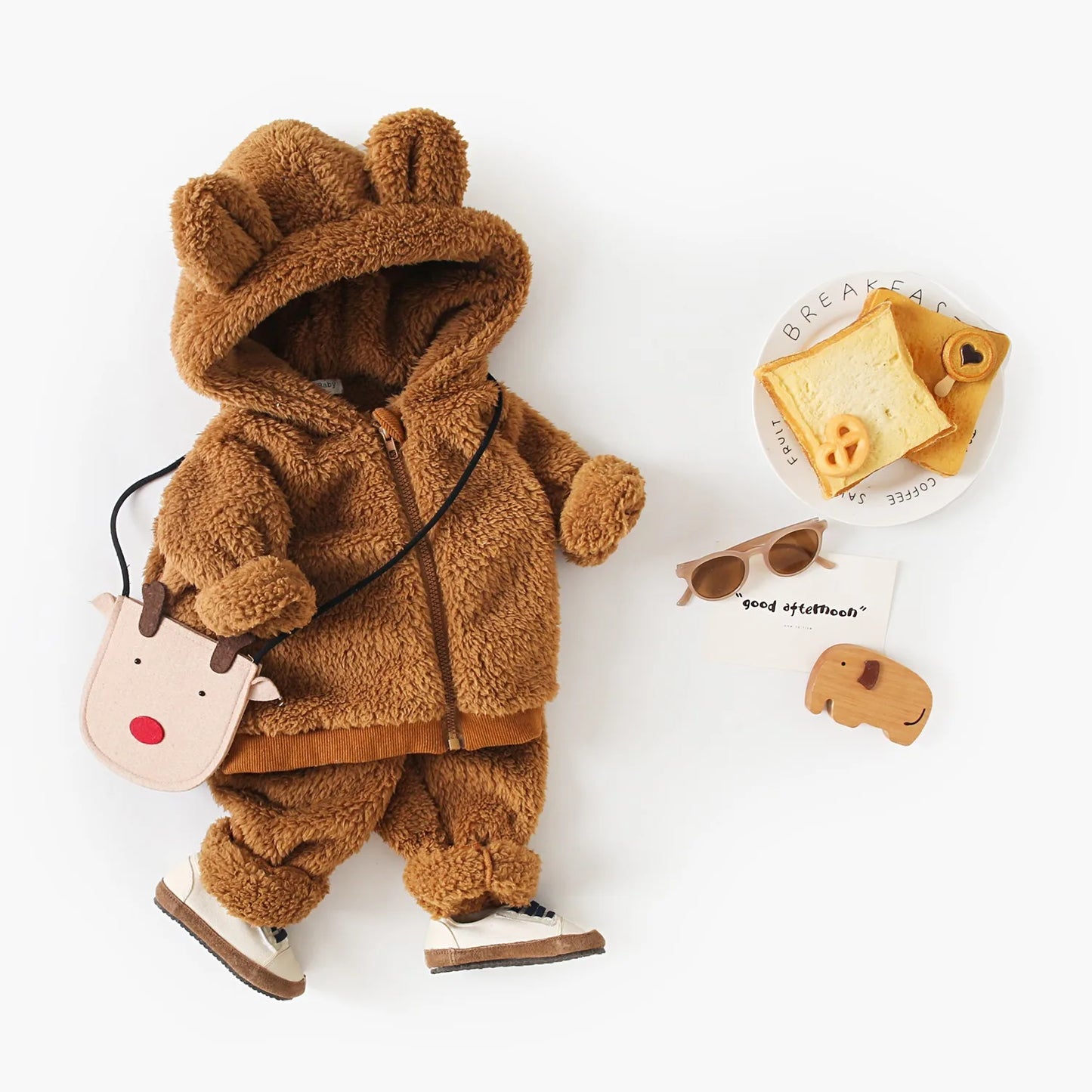 Baby Toddler Boy Girl 2Pcs Bear Winter Clothes Set Zipper Hooded Top with Ears Pant Suit Thick Warm Fleece Two Piece Jogger Set Outfit