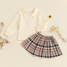 Load image into Gallery viewer, Toddler Kids Girls 2Pcs Long Sleeve Collared Shirt Top with Pleated Mini Plaid Skirt Fall Outfit Set
