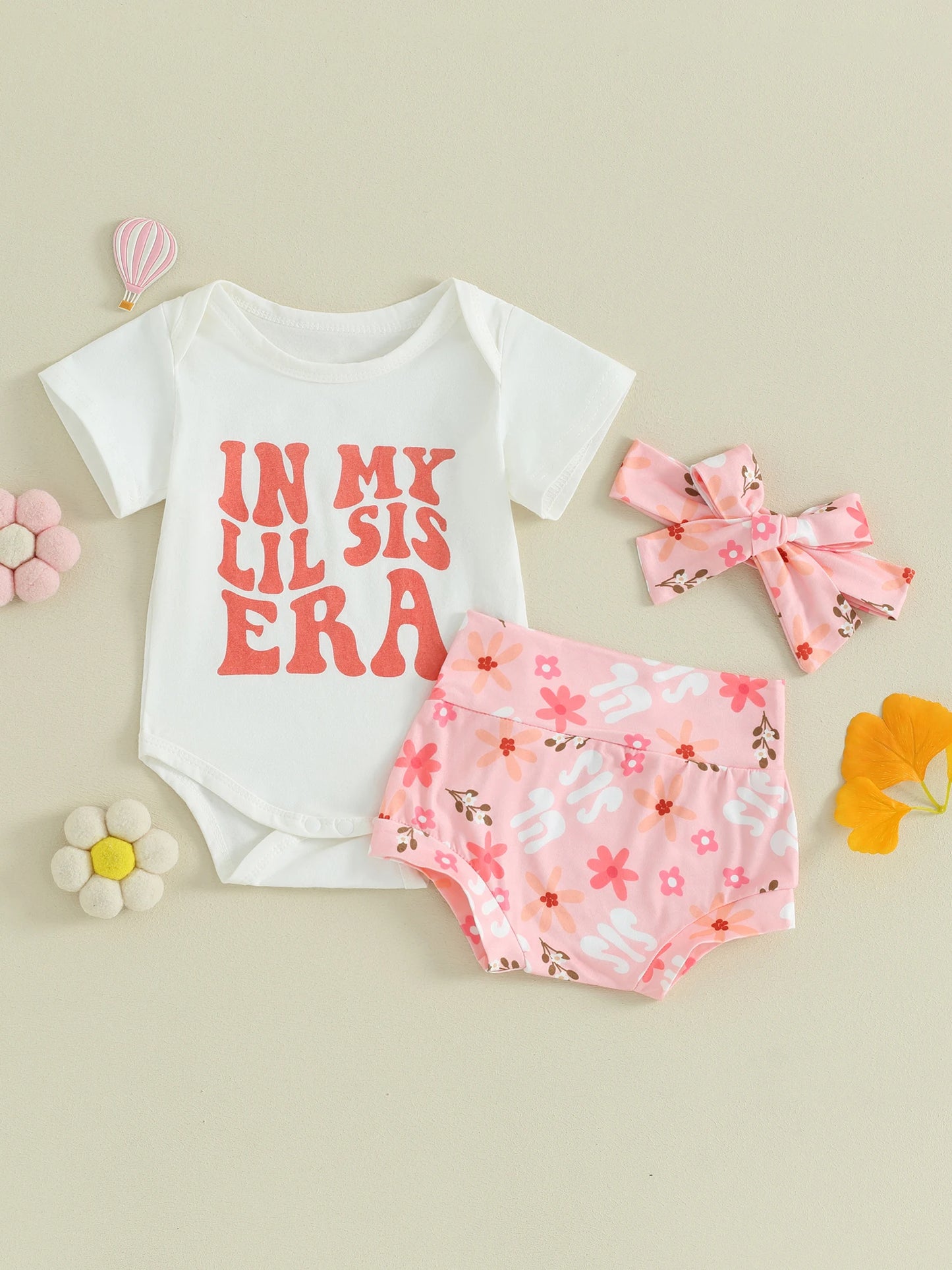 Toddler Baby Girl 3Pcs In My Lil Sis Era Spring Summer Outfits Short Sleeve Letter Romper Flower Pattern Shorts Headband Set