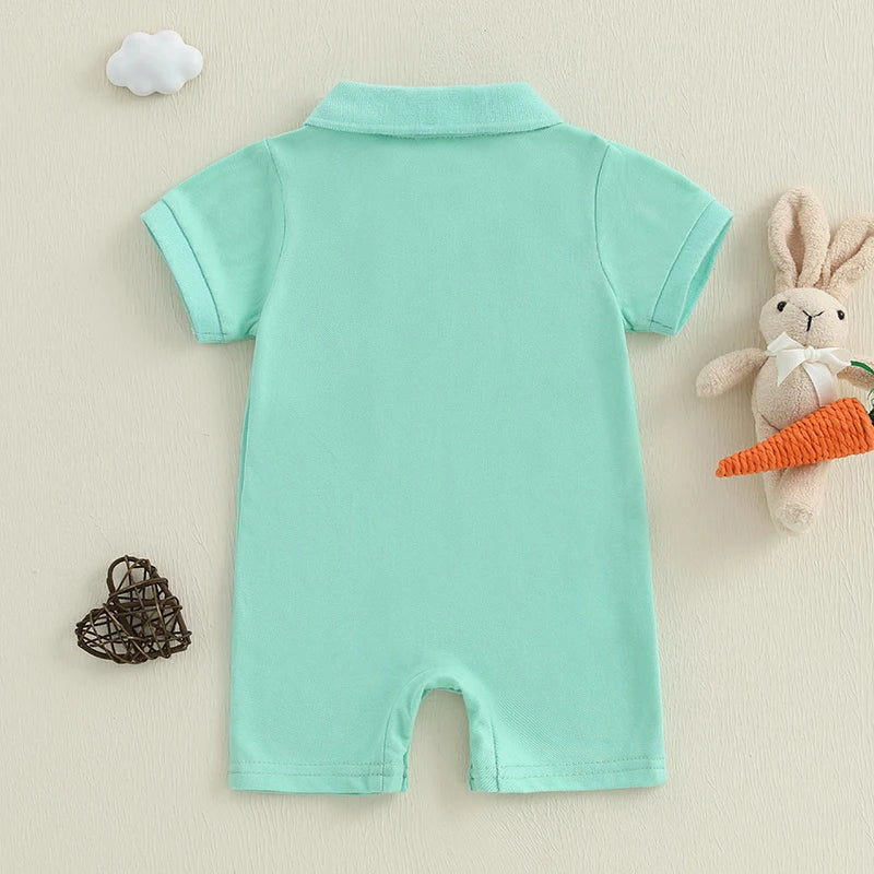 Baby Boys Easter Romper Spring Short Sleeve Lapel Collar Bunny Rabbit Embroidery Jumpsuit Playsuit