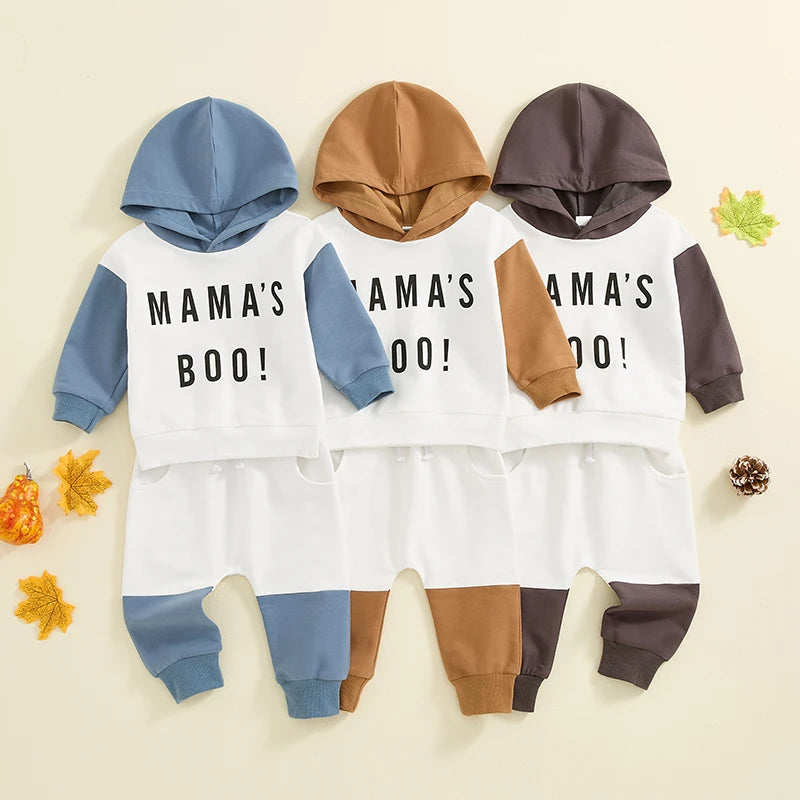 Baby Toddler Boys 2Pcs Mama's Boy Fall Outfit Letter Print Contrast Color Hooded Long Sleeve Top and Long Pants Set