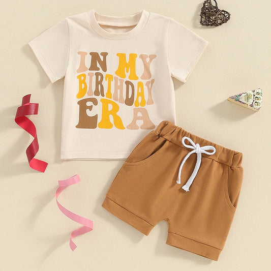 Toddler Baby Boy 2Pcs Birthday Outfit Letter In My Birthday Era Print Short Sleeve Top + Solid Shorts Summer Set