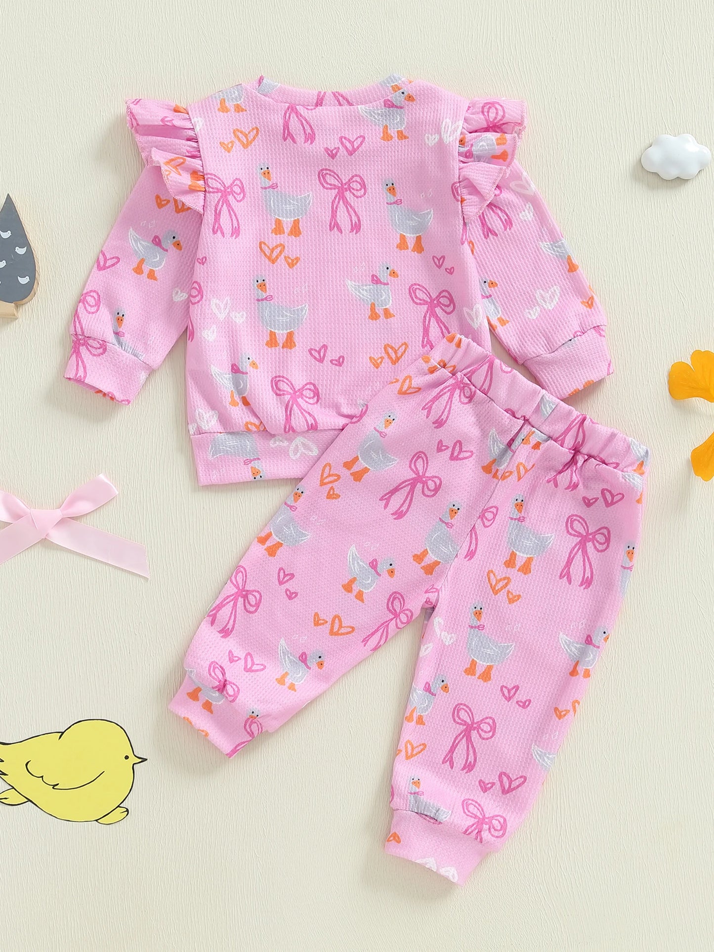 Baby Toddler Girls 2Pcs Fall Outfit Goose Bow Print Long Sleeve Round Neck Pullover Elastic Waist Pants Jogger Set