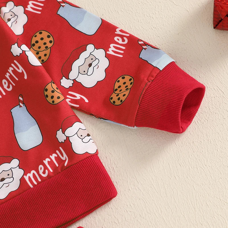 Baby Toddler Boys Girls 2Pcs Christmas Jogger Set Long Sleeve Round Neck Milk Cookies Merry Santa Claus Print Top Pants Outfit