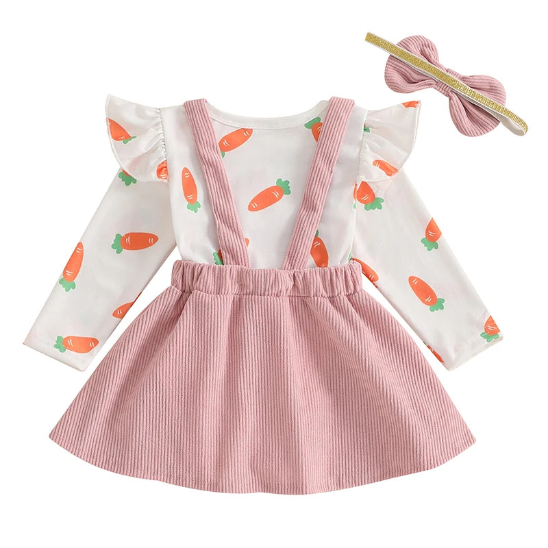 Baby Girls 3Pcs Easter Outfit Long Sleeve Carrot Print Romper Bunny Rabbit Carrot Embroidery Suspender Skirt Dress Headband Bow Set