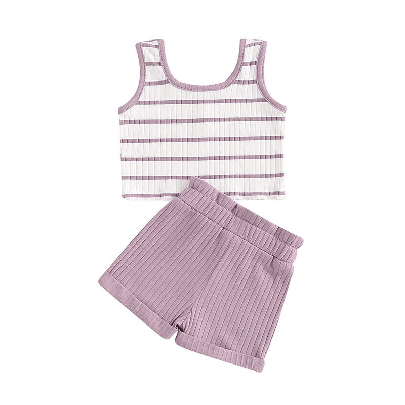 Toddler Baby Girl 2Pcs Summer Ribbed Set Striped Round Neck Sleeveless Tank Top Elastic Waist Shorts Outfit