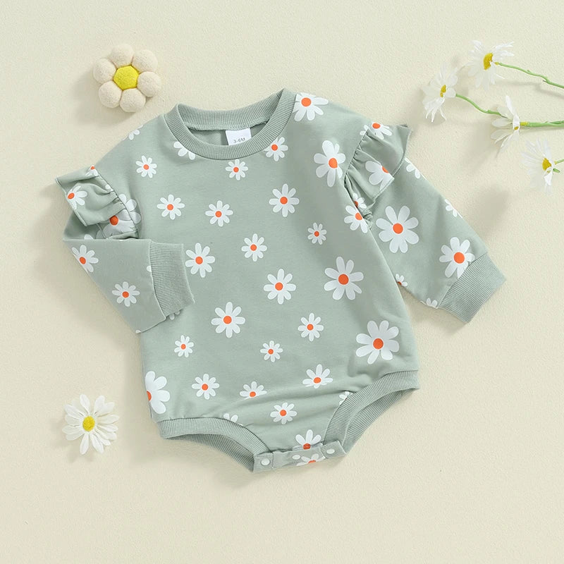 Baby Girl Bubble Romper Flower Daisy Print Round Neck Long Sleeve Jumpsuit