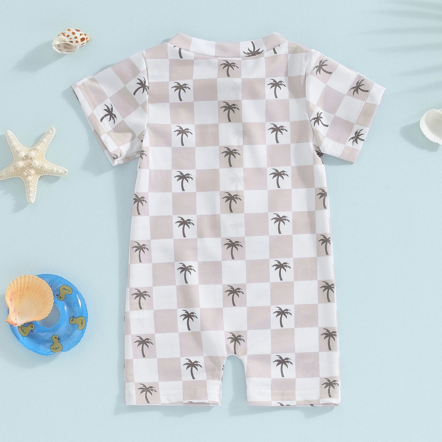 Baby Boys Swimwear Short Sleeve Palm Tree Print Plaid Checker Swimsuit Jumpsuit Summer Bathing Suit Romper