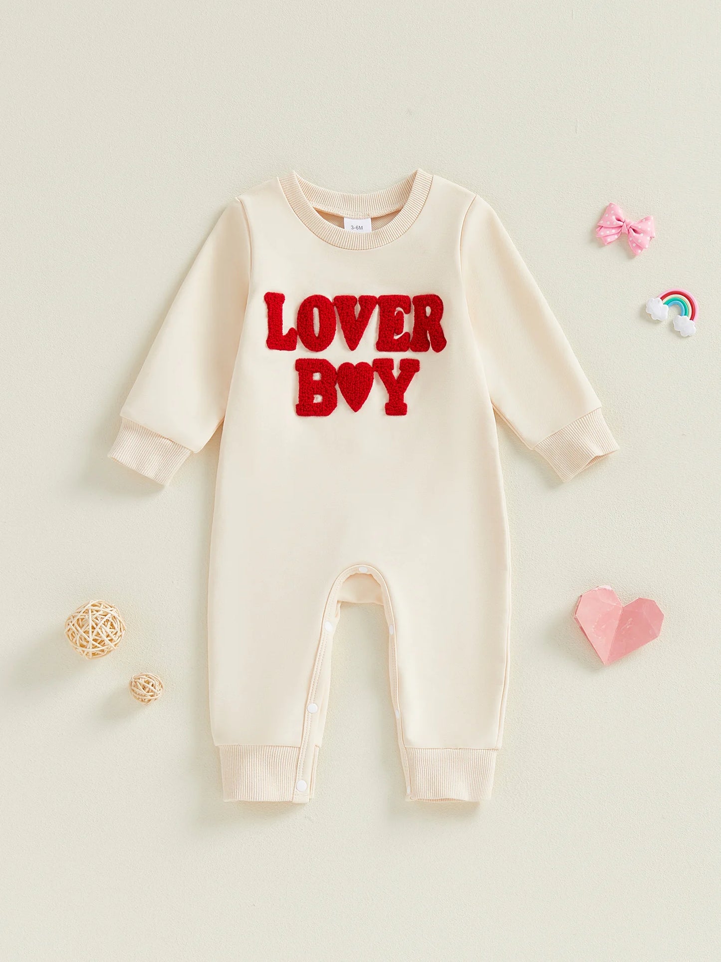 Baby Boy Lover Boy Romper Letter Embroidery Crew Neck Long Sleeve Jumpsuit Valentine's Day