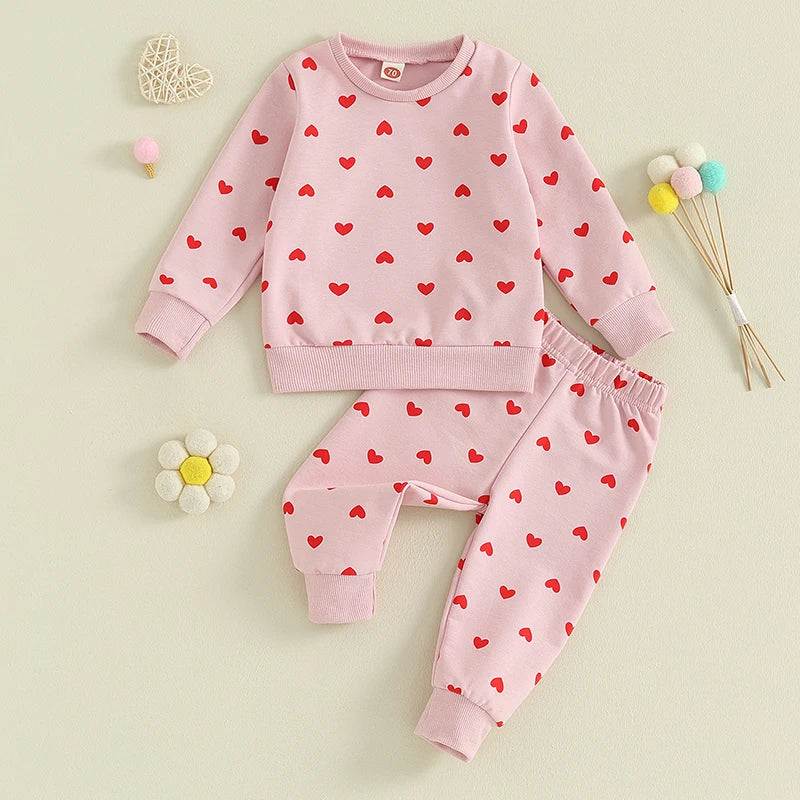 Baby Toddler Girls 2Pcs Clothes Valentine's Day Outfits Long Sleeve Crewneck Heart Print Pants Set