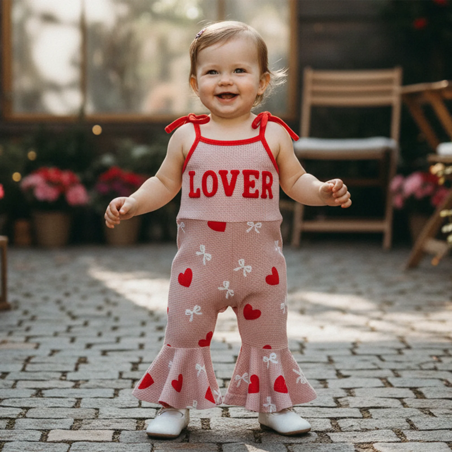 Baby Toddler Girls LOVER Valentine's Day Tank Top Flare Leg Overalls Jumpsuits Letter Embroidery Heart Print Bell Bottom Romper