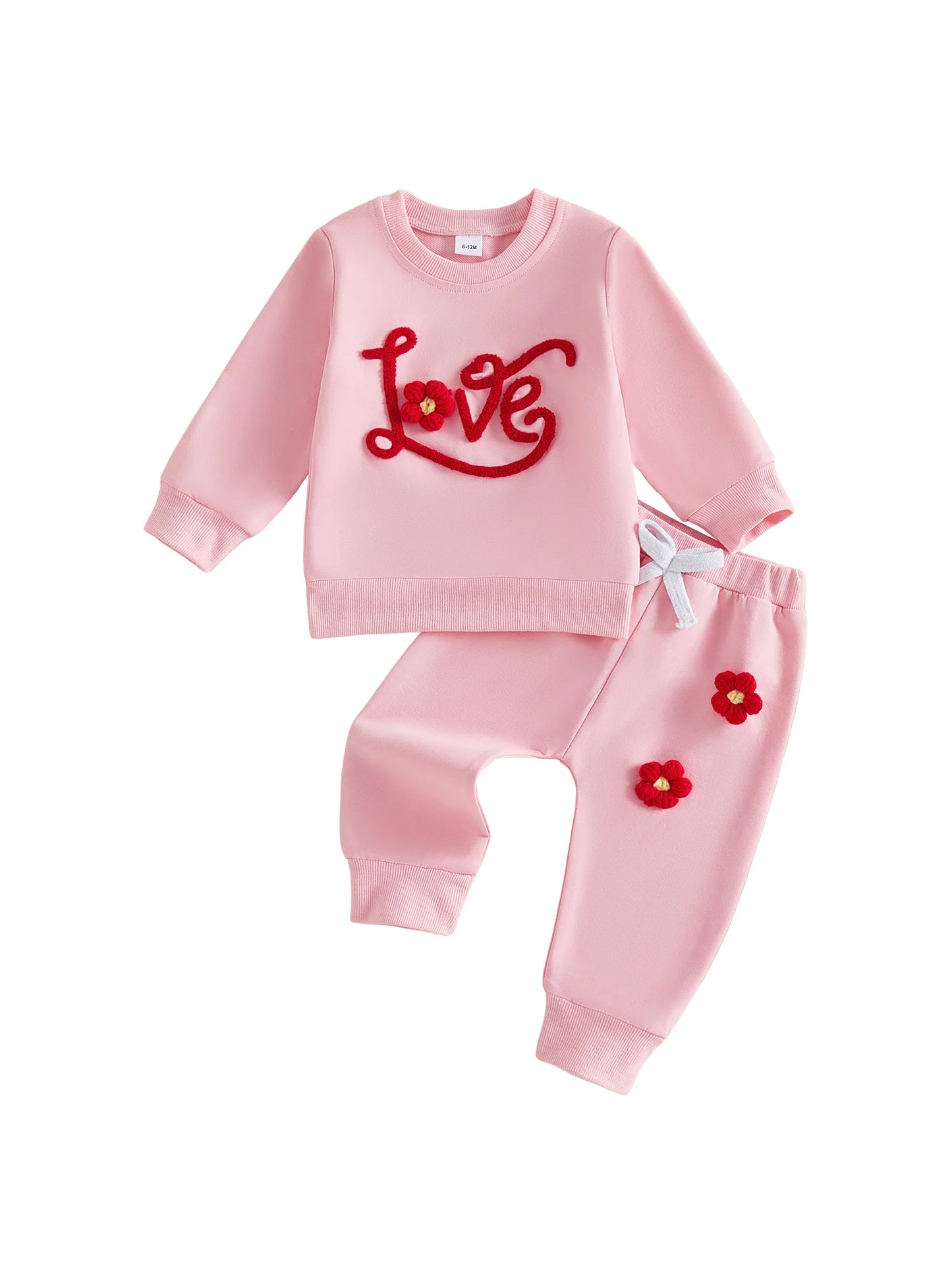 Baby Toddler Girls 2Pcs Valentine's Day Clothes Long Sleeve Crew Neck 3D Crochet Flower Love Decor Top and Pants Jogger Set