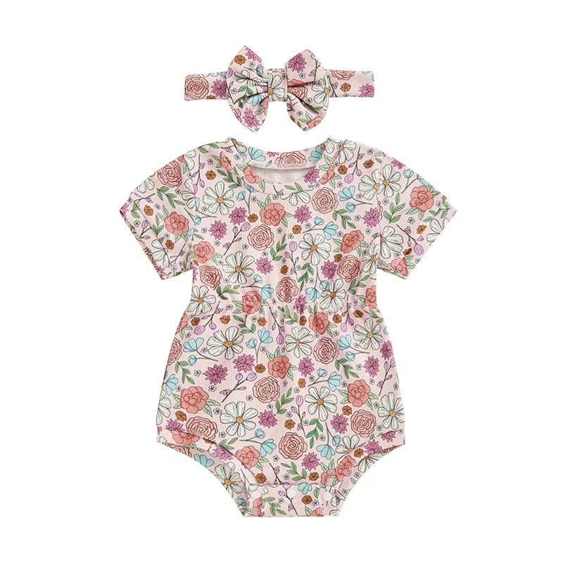 Baby Girls 2Pcs Elastic Waist Romper Floral Flowers / Bow / Strawberry Short Sleeve Bodysuit with Headband Clothes Set Outfit Spring Summer