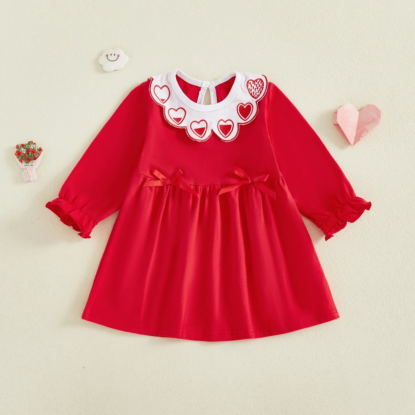 Baby Toddler Girls Valentine's Day Dress Heart Embroidery Collar Bow Decorated Long Sleeve Round Neck Dress