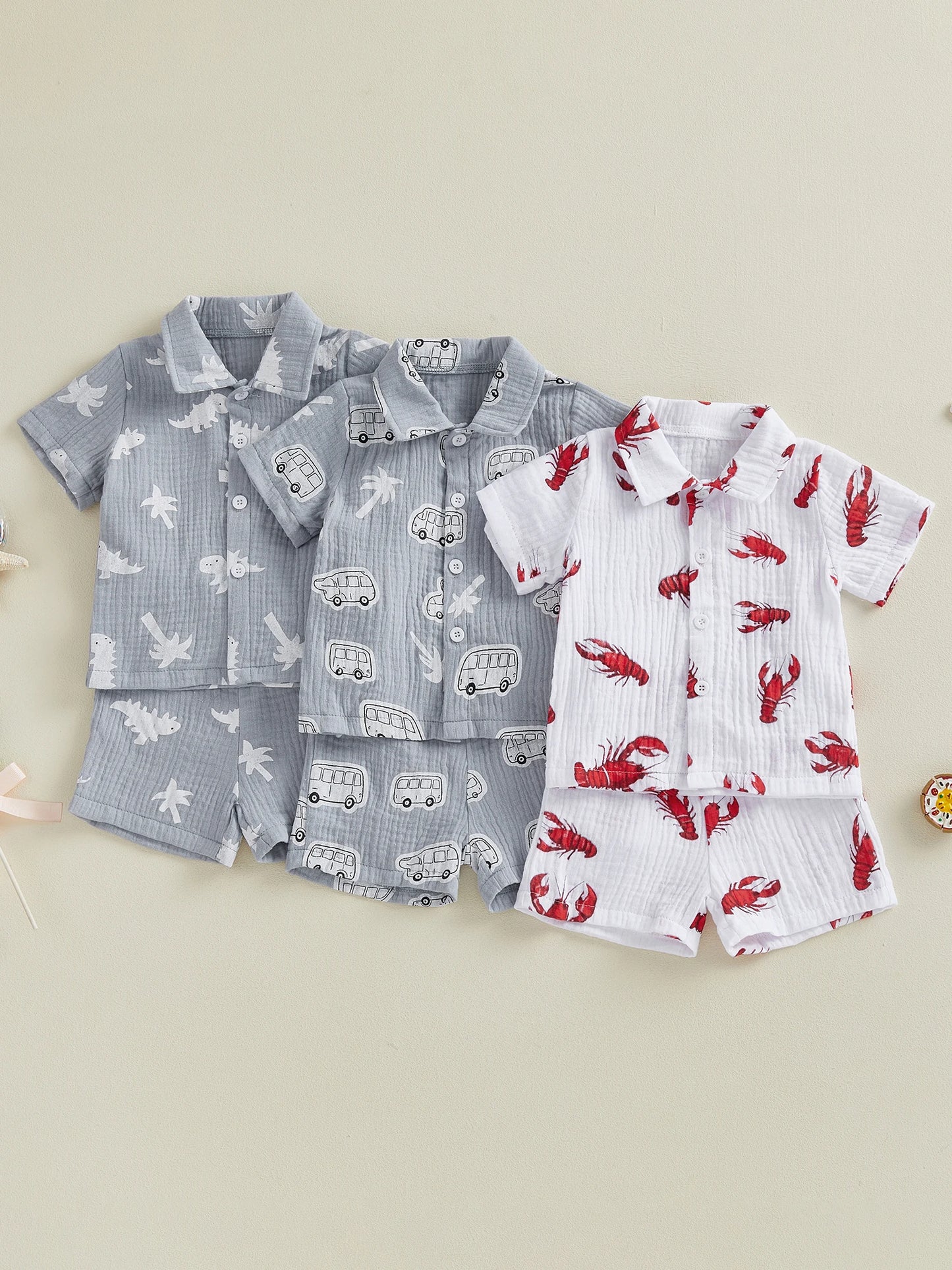 Baby Toddler Boys 2Pcs Set Dinosaur Bus Lobster Print Short Sleeve Button Up Shirt with Elastic Waist Shorts Set Summer Outfit