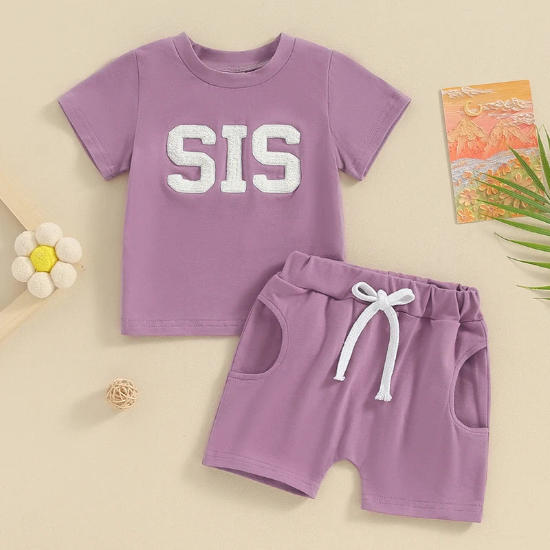 Baby Toddler Girl 2Pcs SIS Spring Summer Clothes Short Sleeve Letter Embroidery Top Drawstring Shorts Outfit Set Siblings Sister