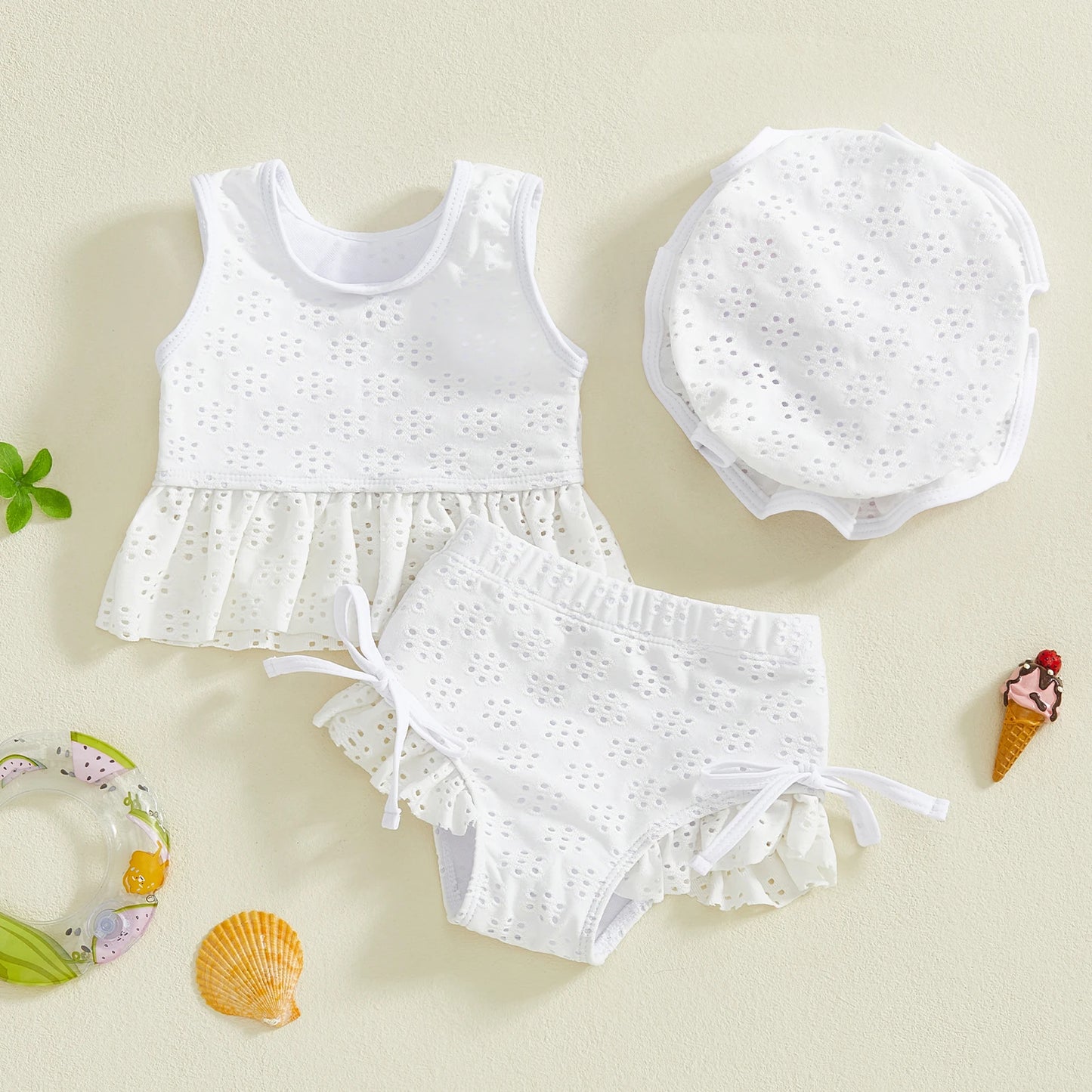 Baby Toddler Girls 3Pcs Swimsuit Set Sleeveless Crew Neck Solid Embroidery Top Bikini Bottoms and Hat Swimwear