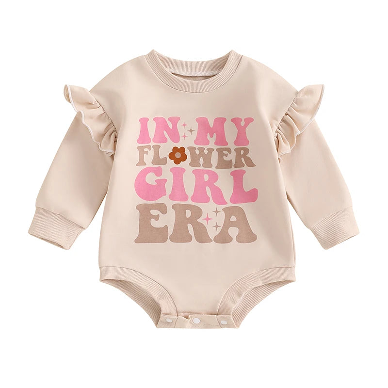 Baby Girls In My Flower Girl Era Romper Long Ruffle Sleeve Crew Neck Letters Print Bodysuit