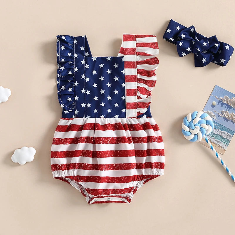 Baby Girl 2Pcs 4th of July Outfit Sleeveless Backless Ruffle Romper USA Flag with Headband Set