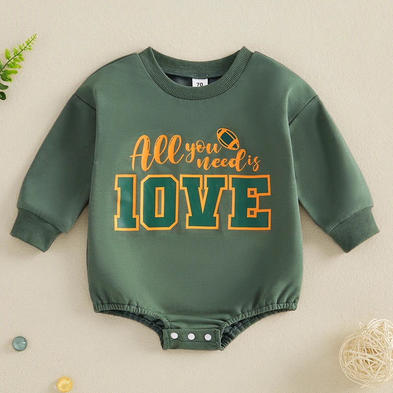 Baby Boys Girls All You Need Is Love 10VE Bubble Romper Football Letter Print Long Sleeve Round Neck Fall Jumpsuit