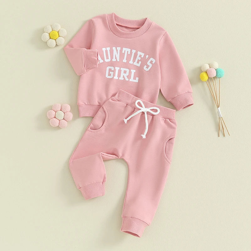 Toddler Baby Girls 2Pcs Clothes Sets Long Sleeve Letter Auntie's Girl Print Pullover Top + Pants Set