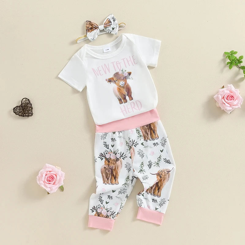 Baby Girls 3Pcs New To The Herd Summer Cow Cattle Print Short Sleeve Romper Elastic Waist Long Pants Bow Headband Outfit Set