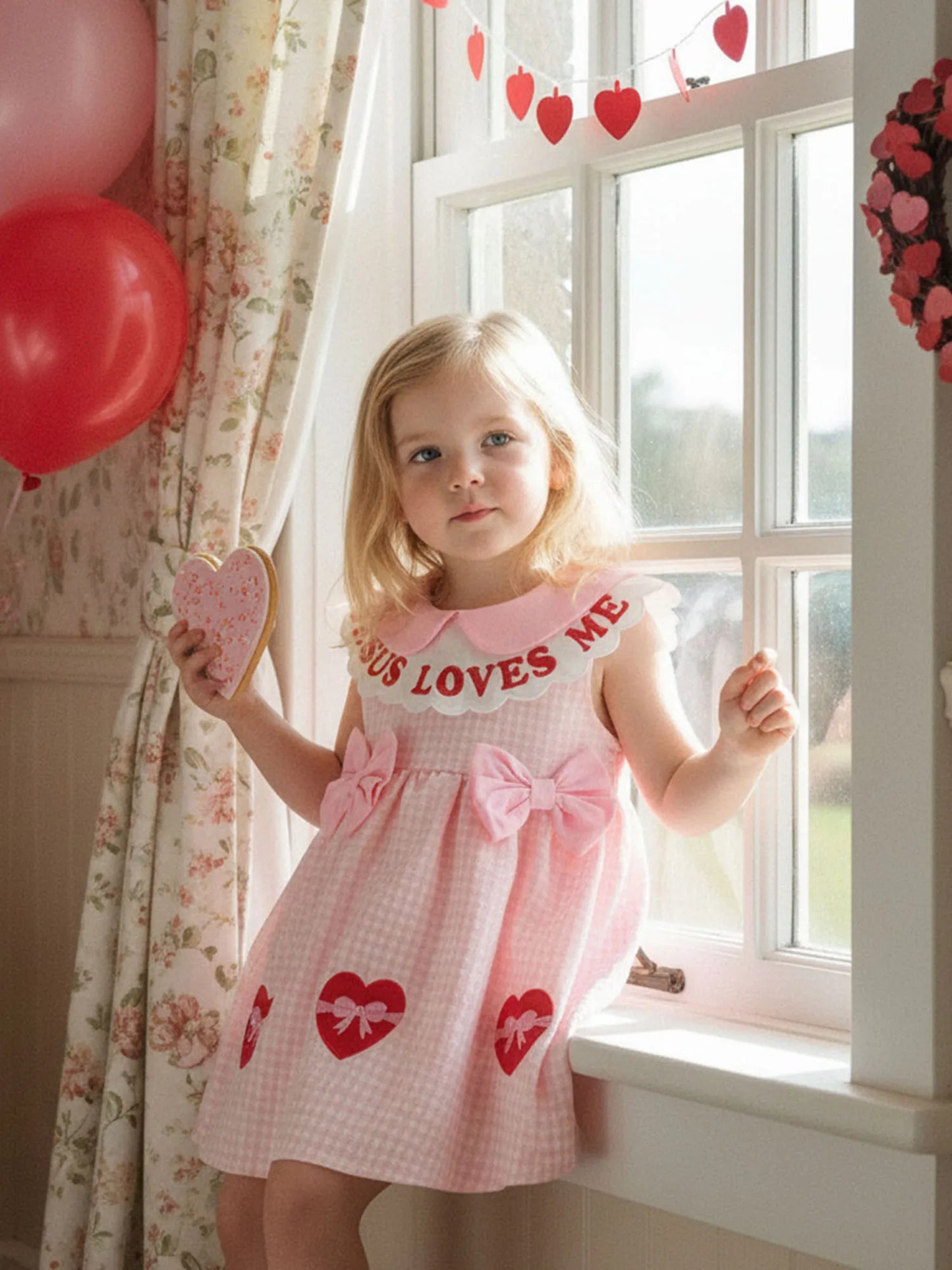 Baby Toddler Girls A-line Dress Valentine's Day Jesus Loves Me Sleeveless Doll Collar Letter Heart Embroidery Plaid Dress