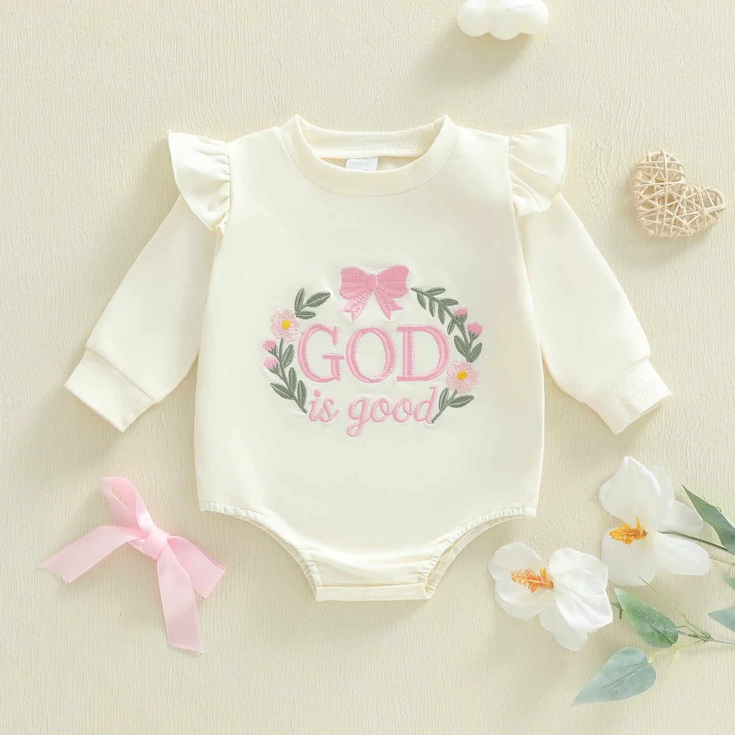Baby Girl Autumn Casual Romper God Is Good Long Sleeve O Neck Letter Embroidery Bubble Romper