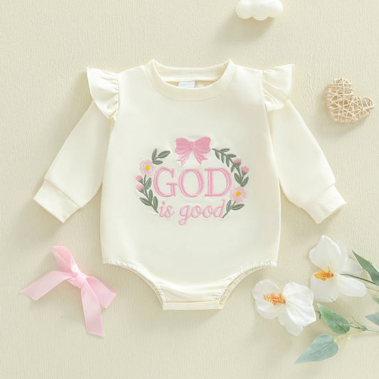 Baby Girl Autumn Casual Romper God Is Good Long Sleeve O Neck Letter Embroidery Bubble Romper