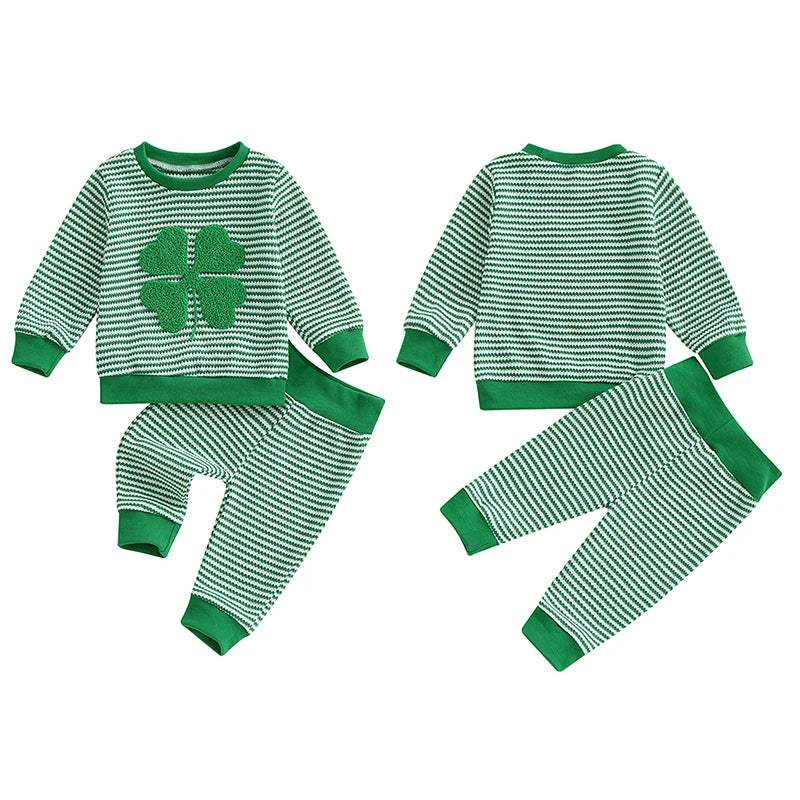 Baby Toddler Girls Boys 2Pcs St. Patrick's Day Outfit Long Sleeve Shamrock Four Leaf Clover Embroidery Crewneck Top + Stripes Jogger Pants Set Spring Clothes