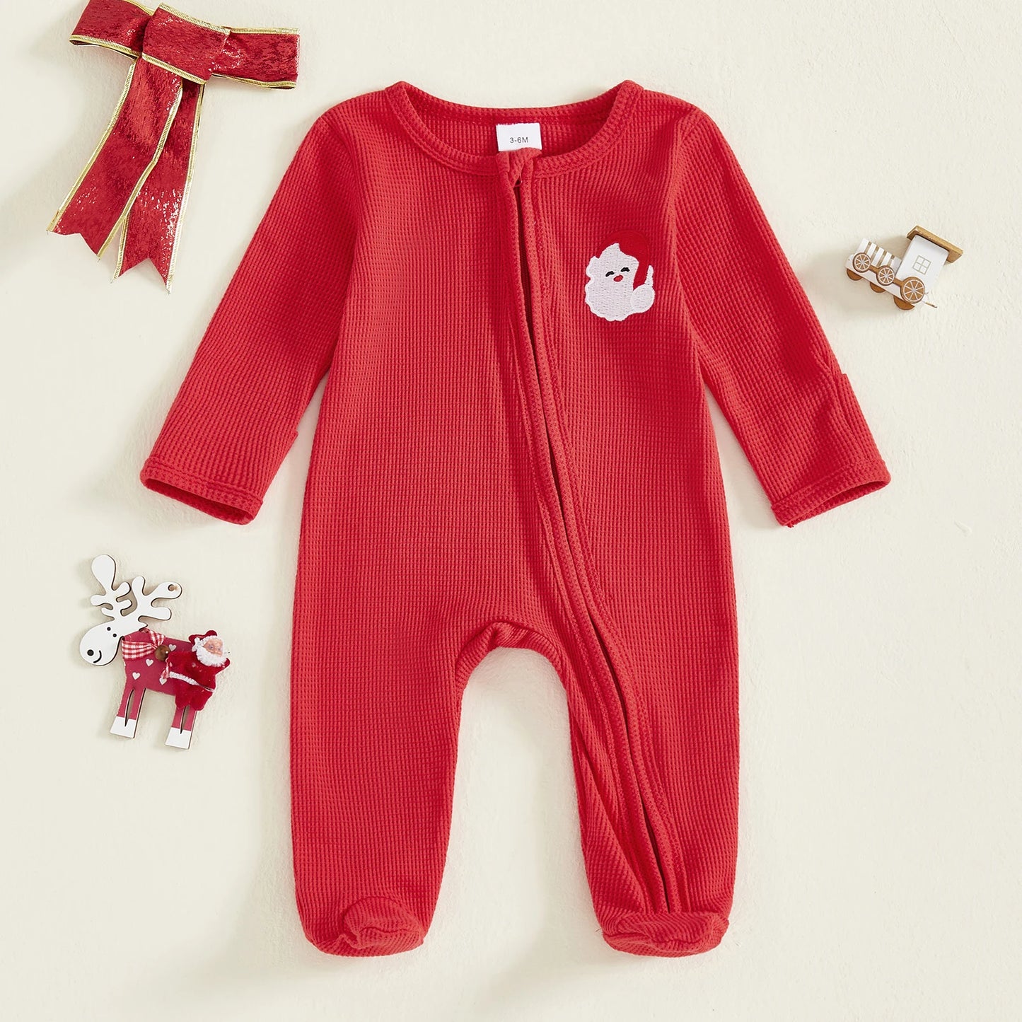 Baby Boys Girls Christmas Footies Long Sleeve Crew Neck Zip-up Embroidery Santa Claus Winter Jumpsuit Zipper Romper
