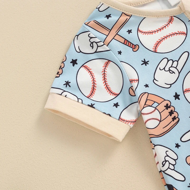 Baby Boys Girls Short Sleeve Baseball Glove Bat Print Zip Up Rompers Jumpsuits