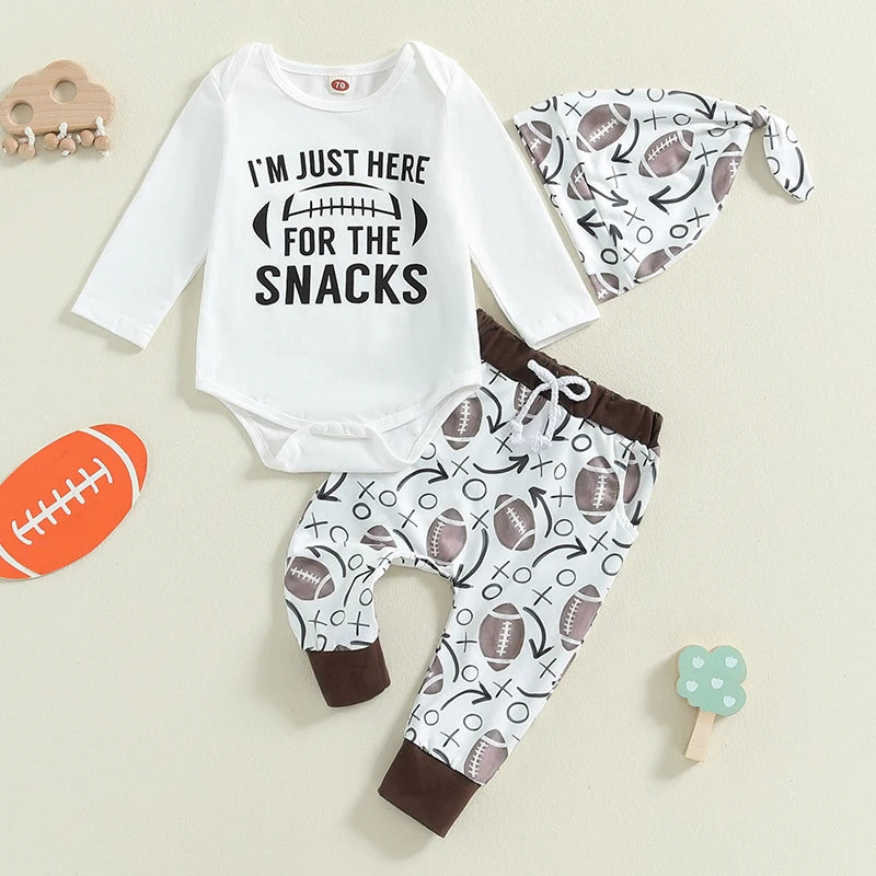 Baby Boys 3Pcs I'm Just Here For The Snacks Set Football Letter Print Long Sleeve Round Neck Romper Drawstring Pants Hat Outfit