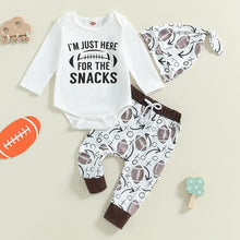 Load image into Gallery viewer, Baby Boys 3Pcs I&#39;m Just Here For The Snacks Set Football Letter Print Long Sleeve Round Neck Romper Drawstring Pants Hat Outfit
