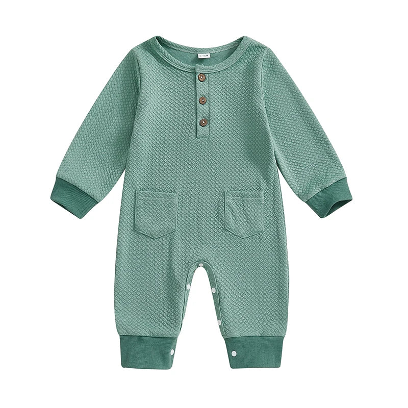 Baby Girls Boys Romper Solid Color Buttons Pockets O-Neck Long Sleeve Spring Jumpsuit