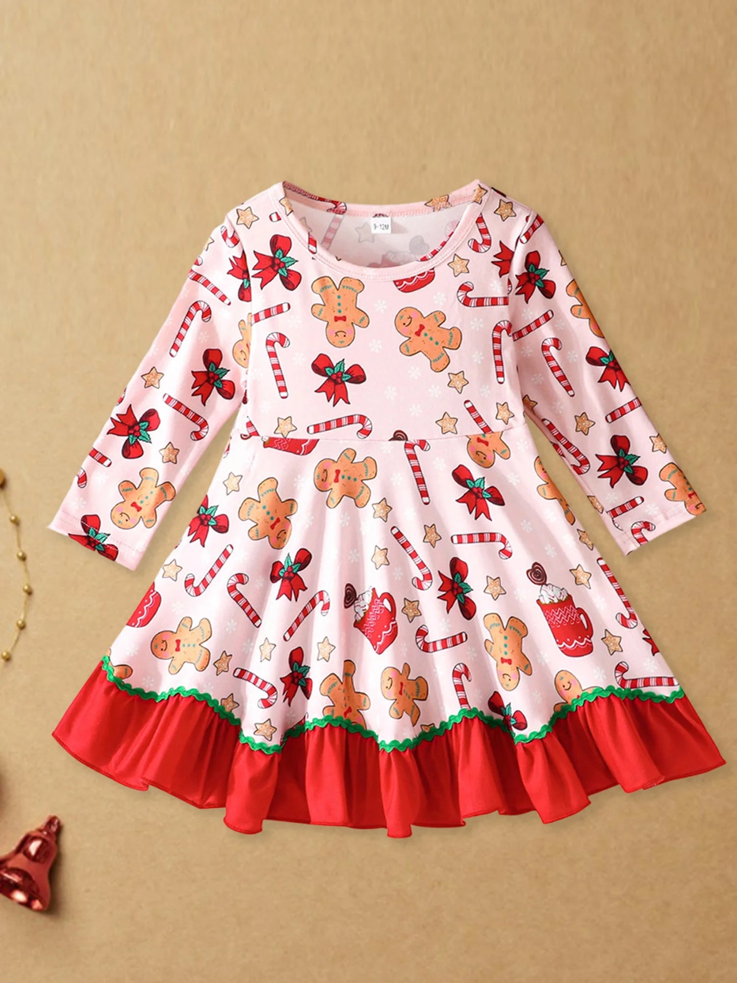 Baby Toddler Girl Christmas Dress Long Sleeve Crew Neck Gingerbread Man Cane Candy Print Dress