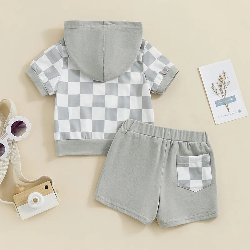 Baby Toddler Boys Girls 2Pcs Short Sleeve Checkerboard Hooded Top with Pocket and Drawstring Shorts Set Outfit