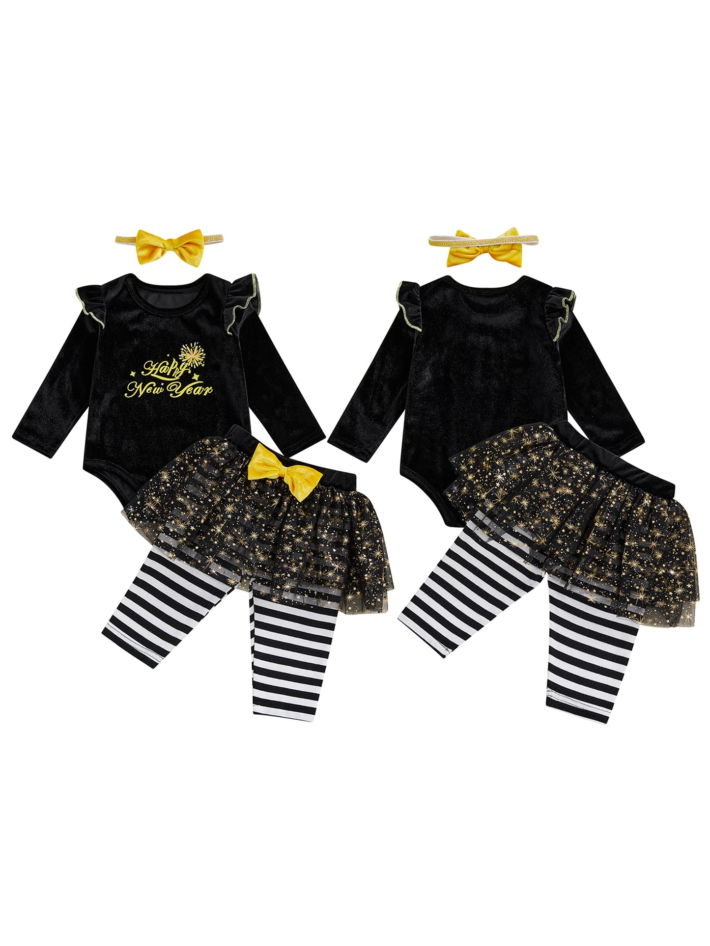 Baby Girls 3Pcs Happy New Year Long Sleeve O Neck Letter Print Romper Tutu Pants Headband Outfits Set