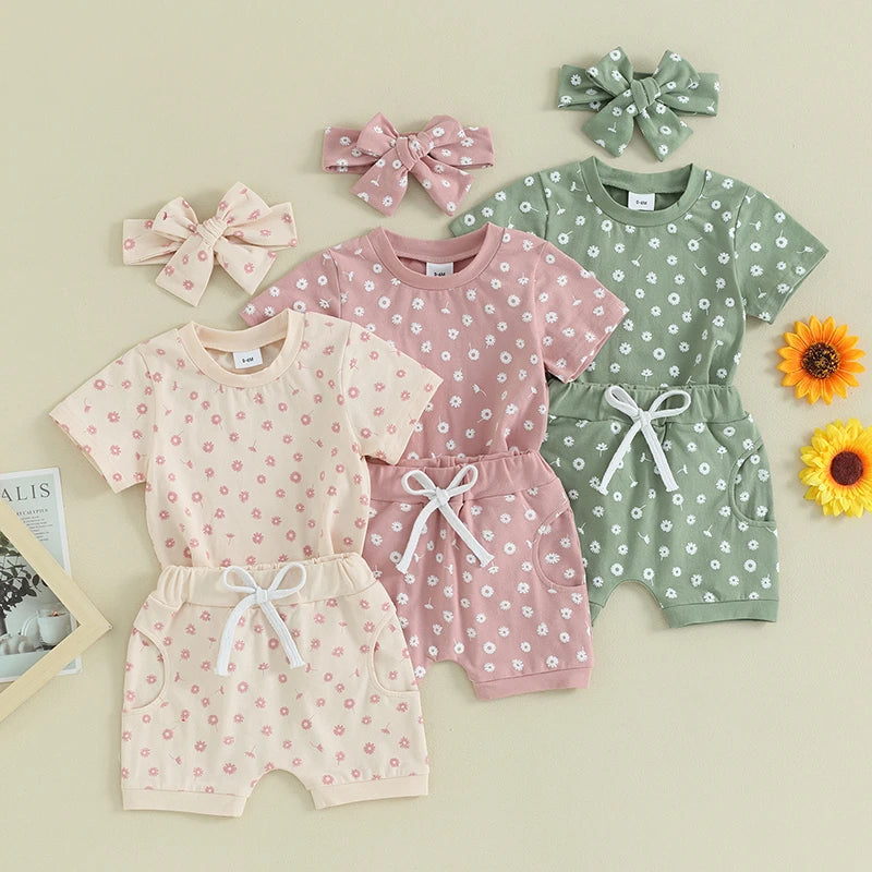 Toddler Baby Girls 3Pcs Clothes Set Floral Print Short Sleeve Top with Shorts and Headband Summer Outfit