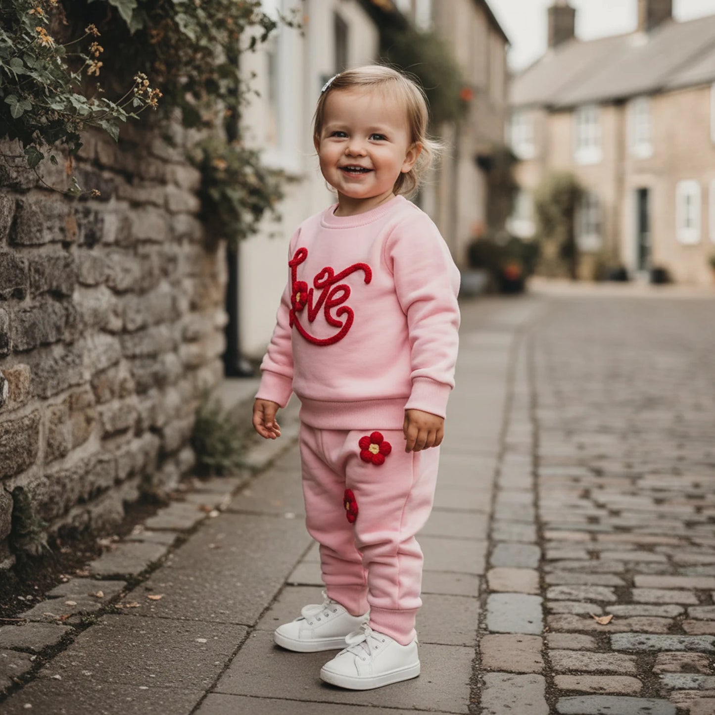 Baby Toddler Girls 2Pcs Valentine's Day Clothes Long Sleeve Crew Neck 3D Crochet Flower Love Decor Top and Pants Jogger Set