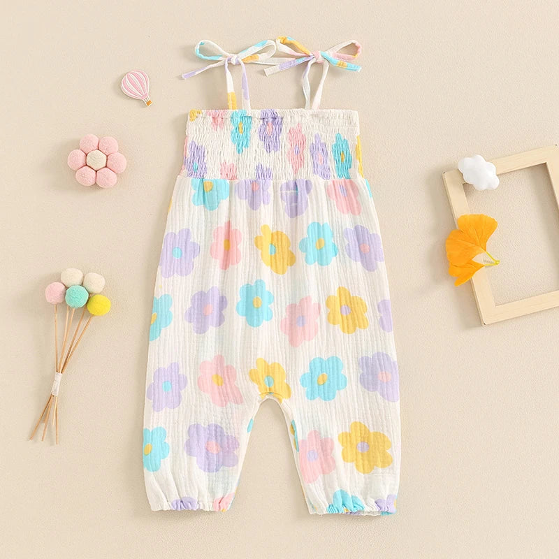 Baby Girl Romper Flower Print Shirred Square Neck Tie-Up Spaghetti Strap Tank Top Jumpsuit Summer Overalls