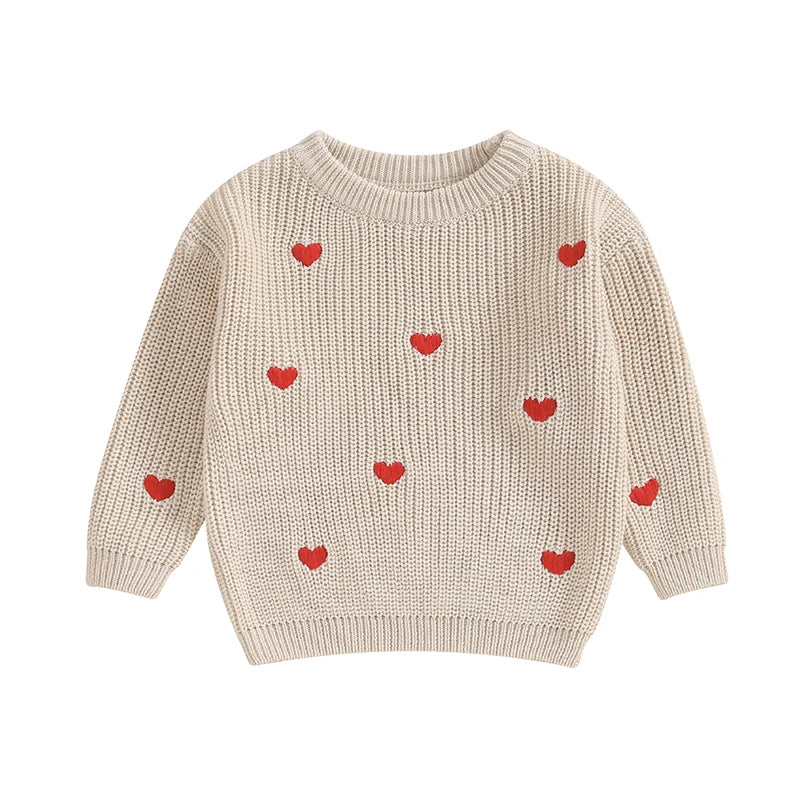 Baby Girl Knit Sweater Heart Embroidery Pullover Valentine's Day Clothes Top