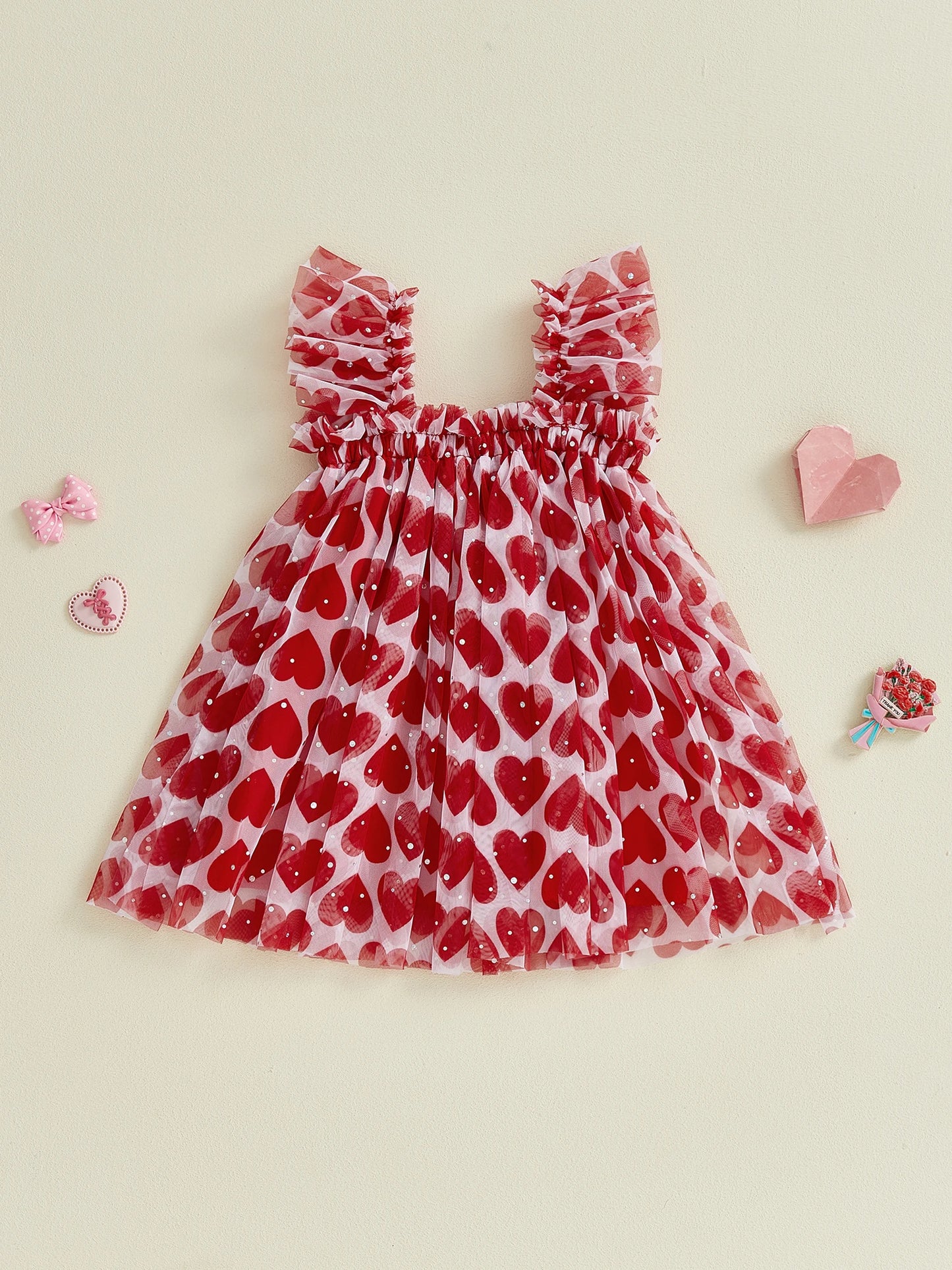 Baby Toddler Girl Sleeveless Dress with Ruffled Straps Red Heart Print Sequin Embellishments Suspender A Line Tulle Dress