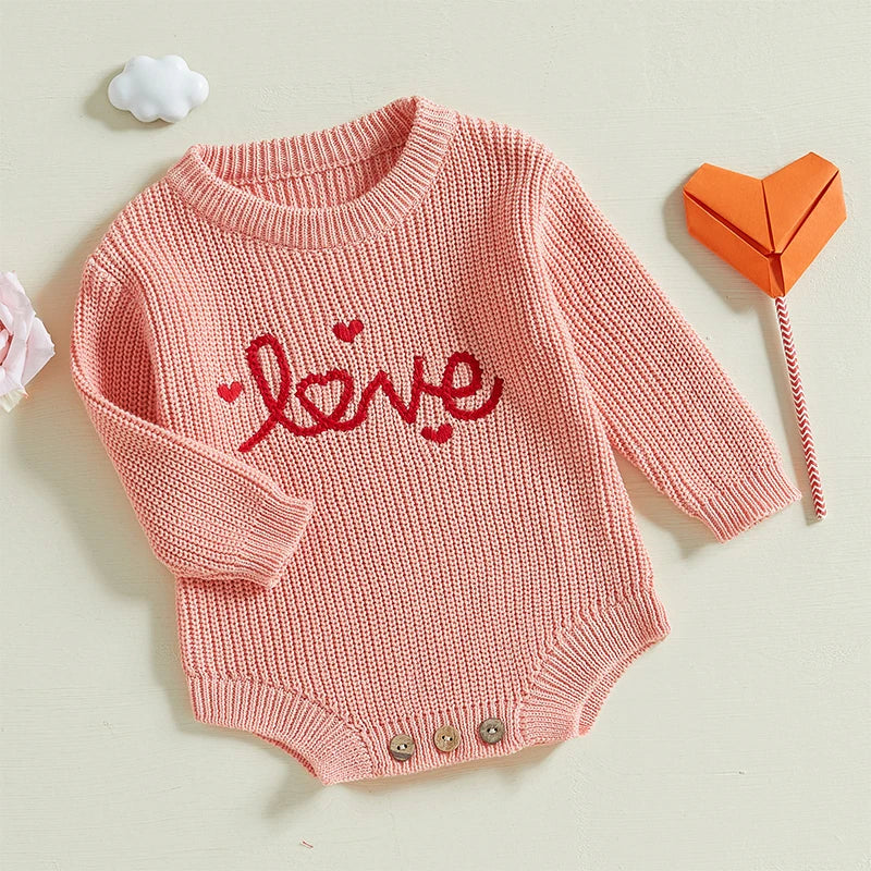 Baby Girl Boy Love Valentine’s Day Romper Long Sleeve O-Neck Letter Embroidery Knit Jumpsuit Sweater Bodysuit